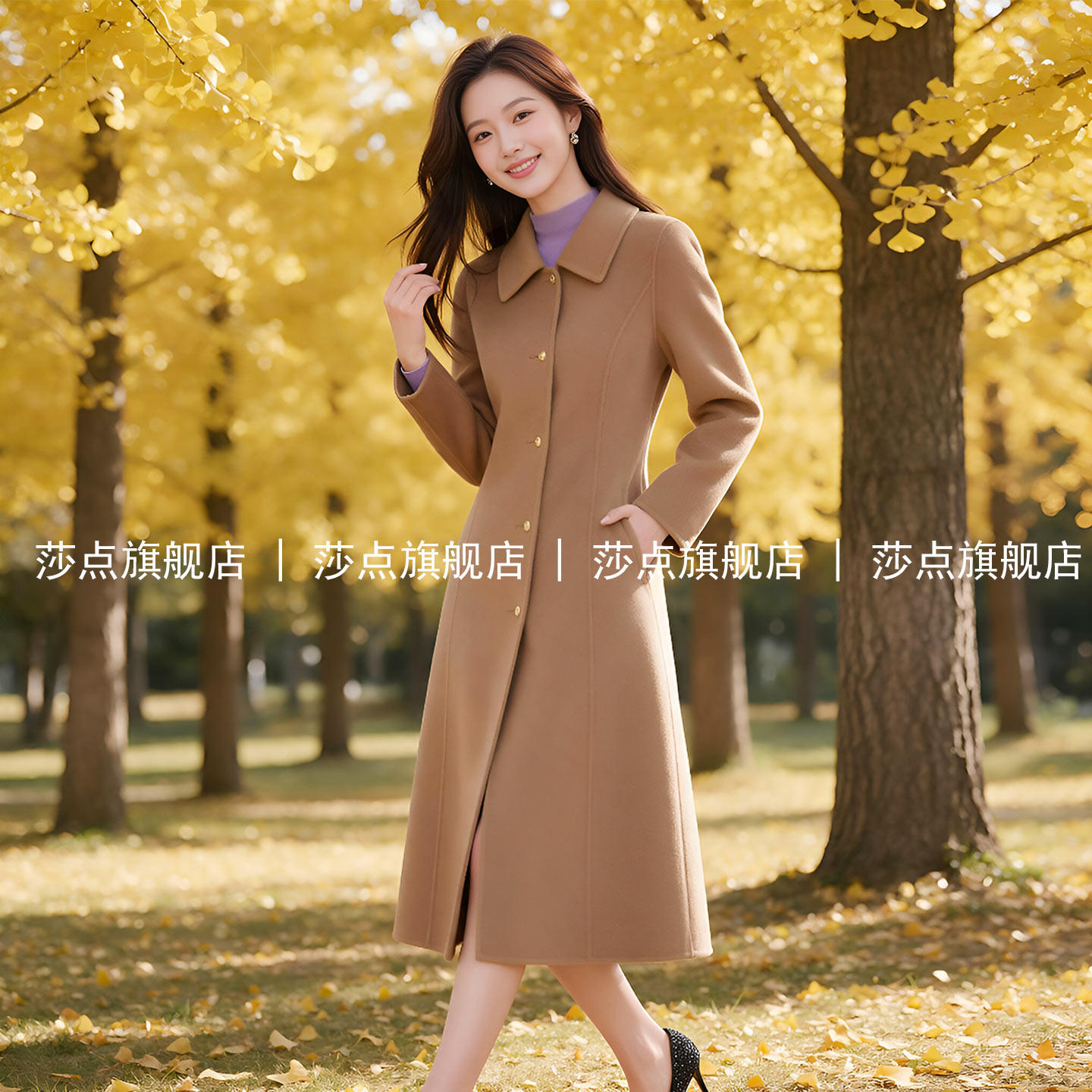 卡其色翻领单排扣毛呢外套女秋冬