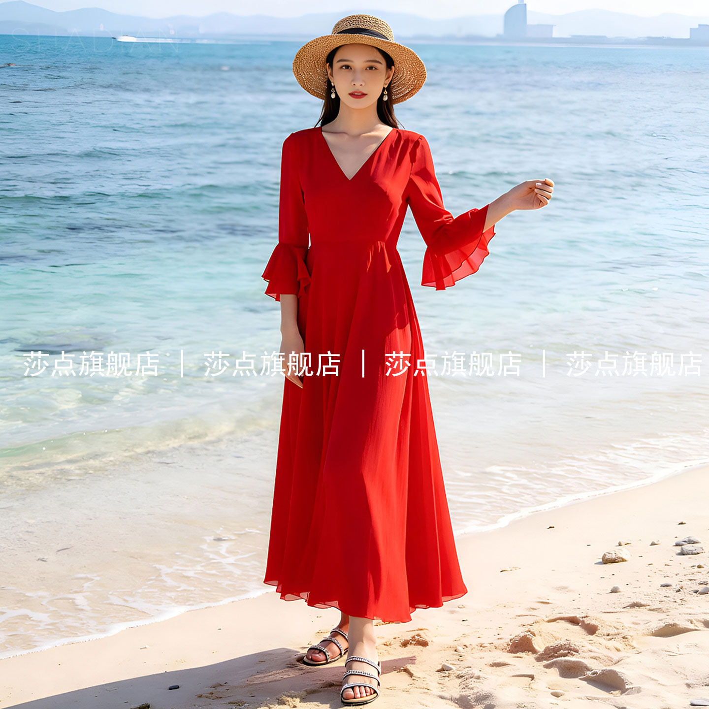 喇叭袖红色薄纱连衣裙女夏2026气质收腰雪纺长裙海边度假沙滩裙