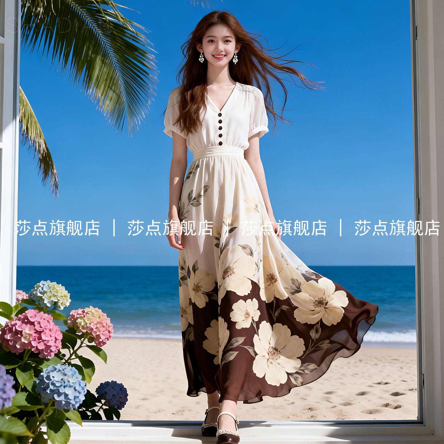 V领短袖白色碎花连衣裙女夏海边