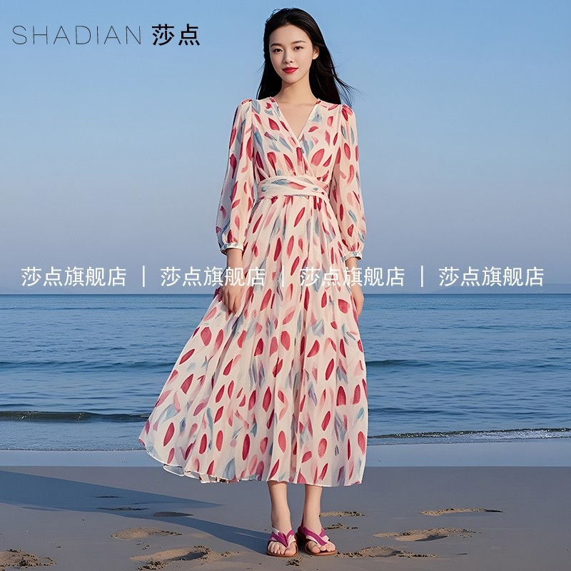 V领雪纺碎花连衣裙女夏长款