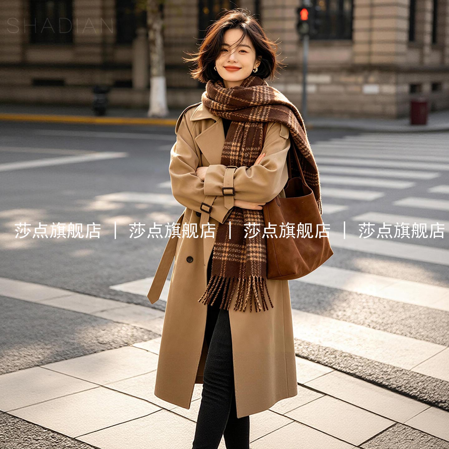 卡其色双排扣休闲风衣外套女中长