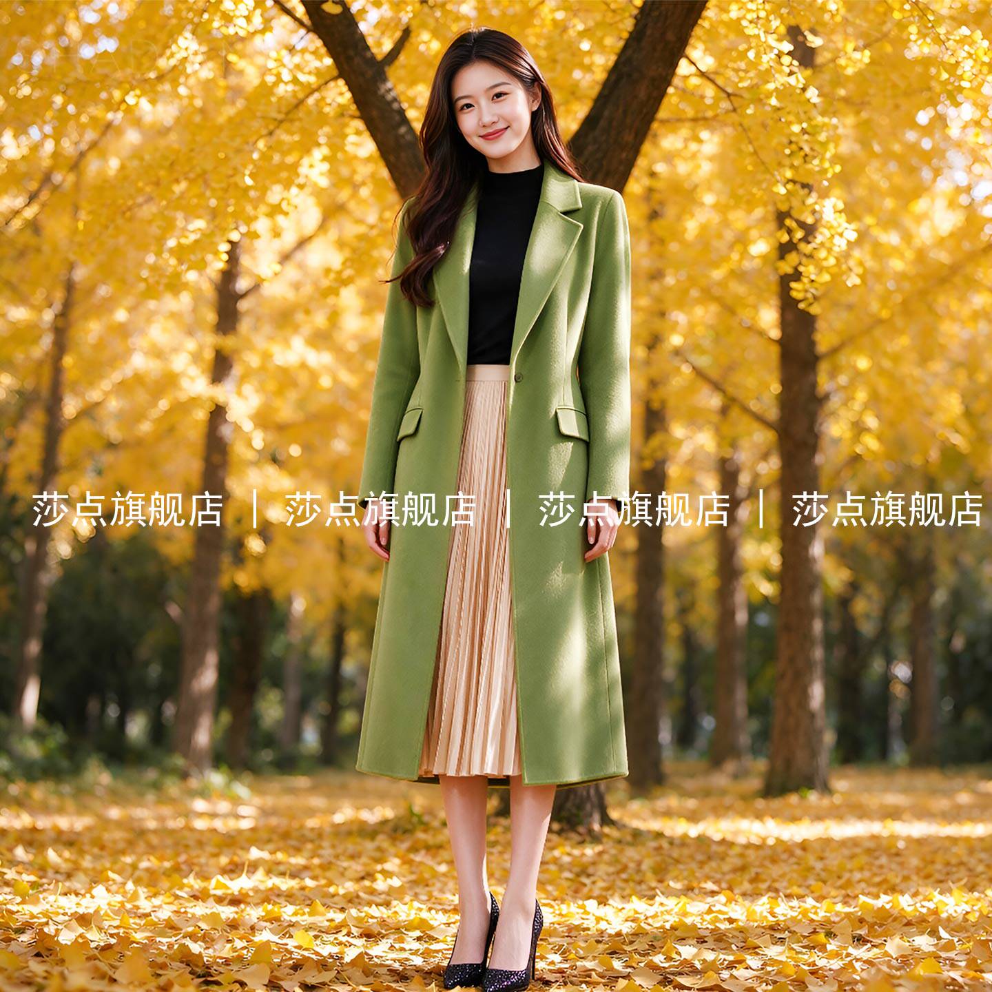 绿色西装领毛呢外套女冬季