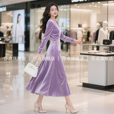 浅紫色V领丝绒长袖连衣裙女