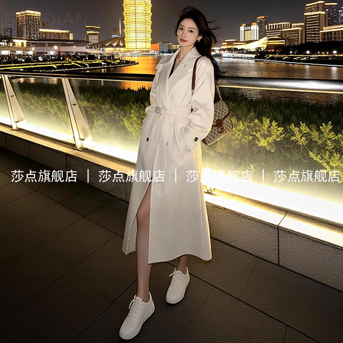 米色双排扣休闲风衣女中长