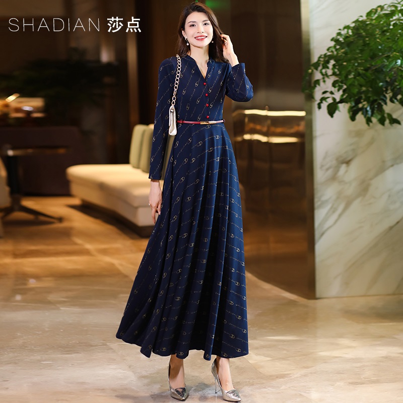 藏蓝色秋装连衣裙2023新款女气质长袖长裙显瘦减龄长款质感大摆裙