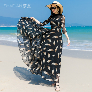 2026波西米亚长裙长袖大摆碎花脚踝过膝黑色收腰沙滩雪纺连衣裙女