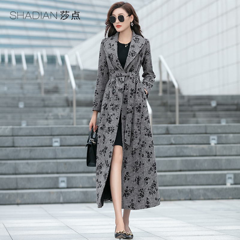 高端新款修身风过膝印花毛呢大衣