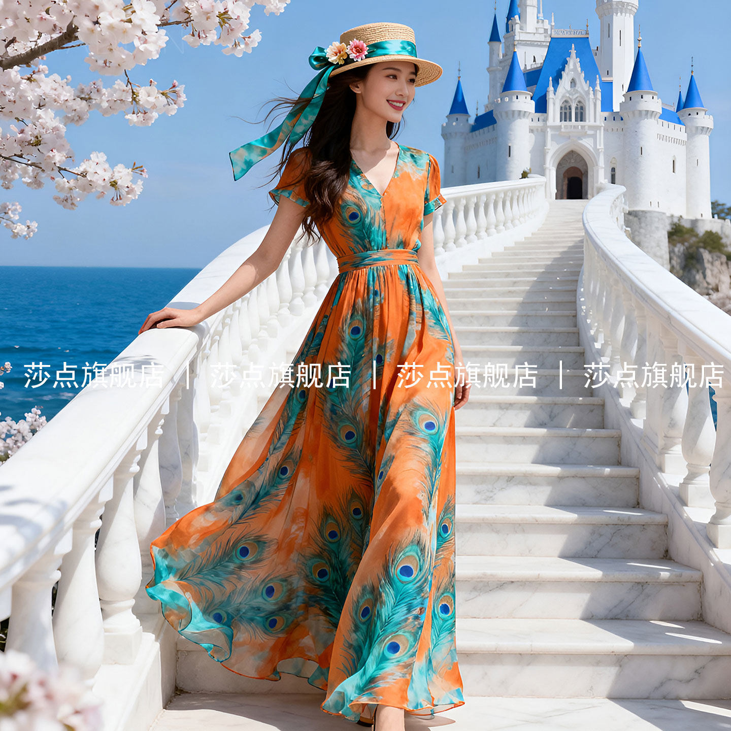 V领短袖碎花雪纺连衣裙女夏海边度假沙滩裙气质长款长裙设计感