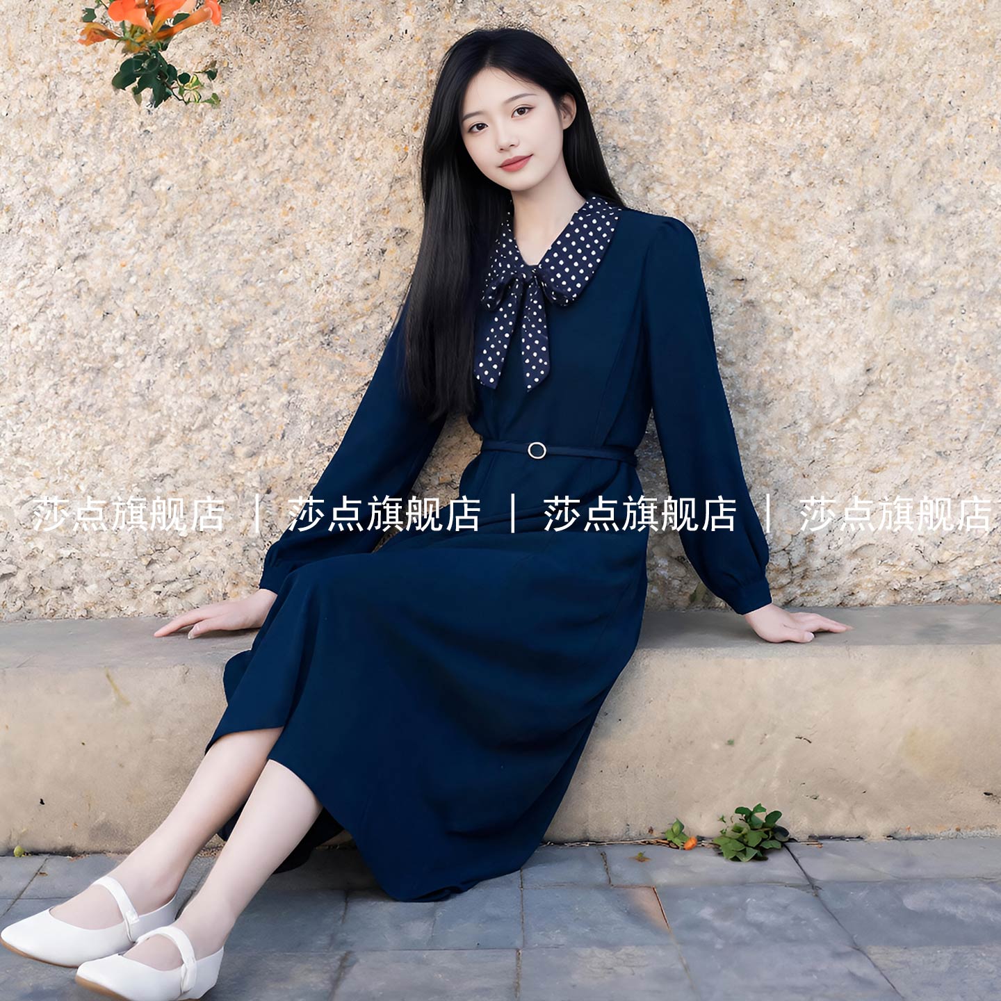 藏青色长袖小香风翻领连衣裙女2026秋季新款气质修身过膝收腰长裙