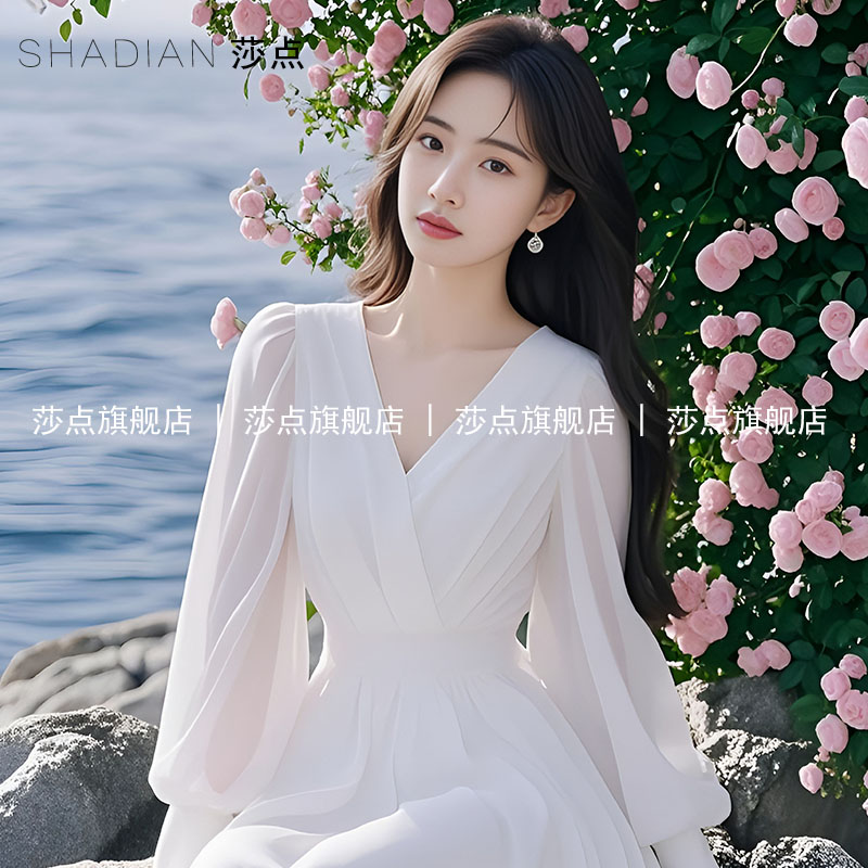 法式白色V领薄纱连衣裙女夏雪纺长袖收腰气质长裙海边度假沙滩裙