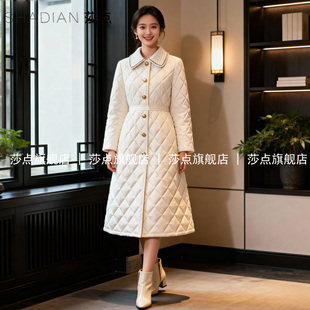 白色小香风菱格羽绒棉服女冬季加厚棉衣外套中长款过膝棉袄高级感