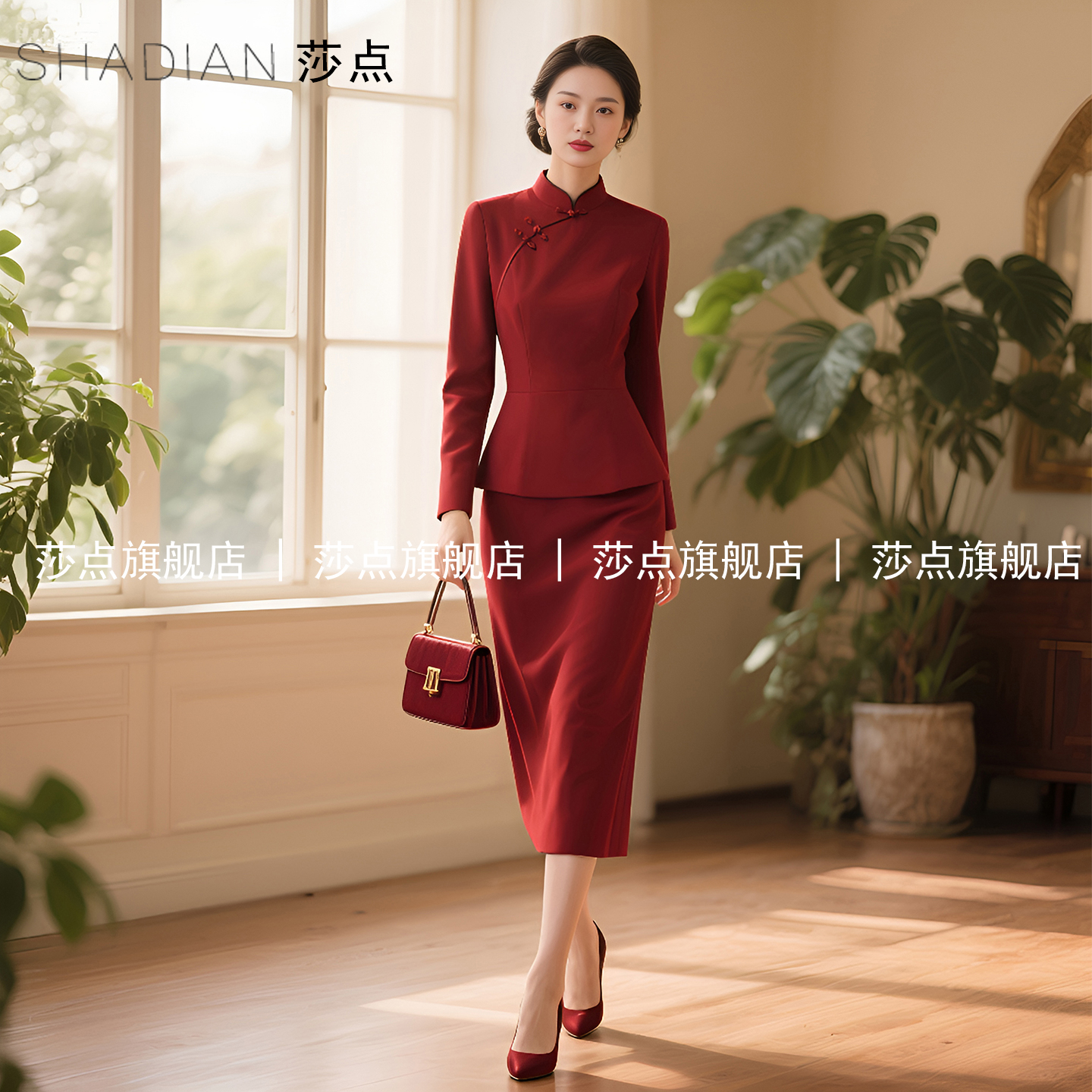 假两件红色新中式长袖连衣裙女