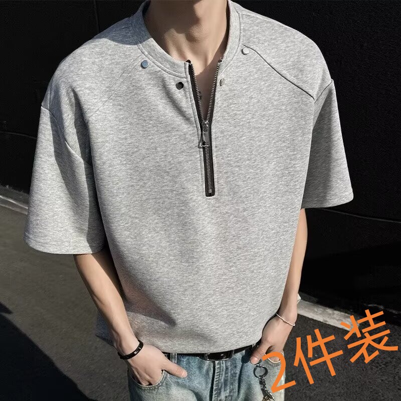 半拉链铆钉短袖男设计感宽松情侣