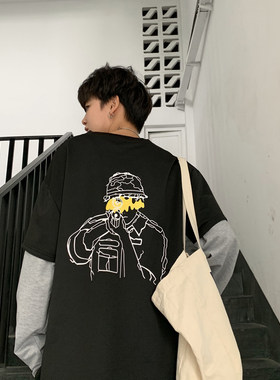 春秋季薄款假两件ins长袖t恤卫衣