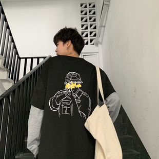 春秋季薄款假两件卫衣男宽松ins潮牌长袖t恤潮流韩版学生休闲外套