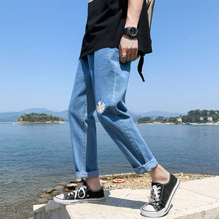 雏菊直筒休闲阔腿男生裤 潮流百搭夏季 子 男潮牌宽松韩版 九分牛仔裤