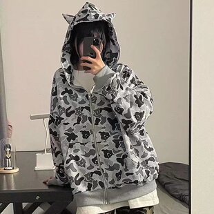 国朝原宿百搭原创小众迷彩小恶魔满印连帽开衫女美式宽松情侣外套