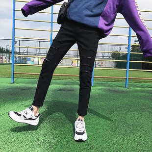 权志龙同款破洞乞丐牛仔裤百搭九分裤韩版潮流修身黑色小脚9分裤