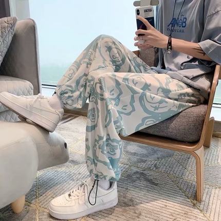 裤子男潮牌ins夏季薄款运动裤韩版潮流百搭抽绳束脚裤满印九分裤