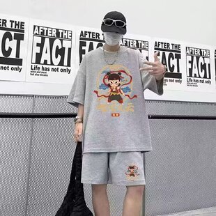 哪吒2叱咤风云t恤男士2025夏季潮牌宽松短袖短裤一套印花运动套装