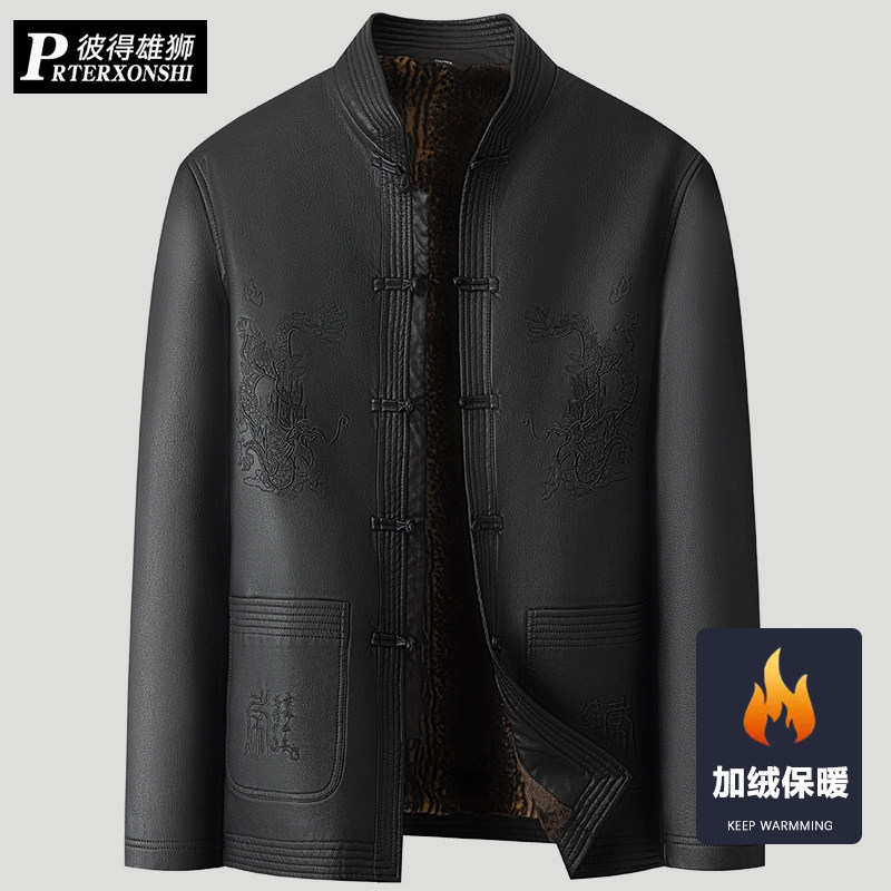 冬季中国风加肥加大码加绒皮衣男胖子厚款保暖印花皮夹克肥佬外套