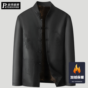冬季 保暖印花皮夹克肥佬外套 中国风加肥加大码 加绒皮衣男胖子厚款