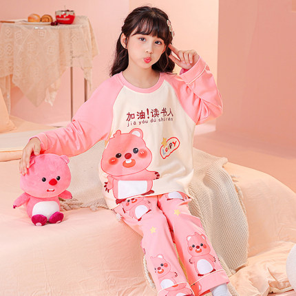 春秋季儿童睡衣女孩纯棉薄款长袖海狸loppy女童秋装中大童家居服