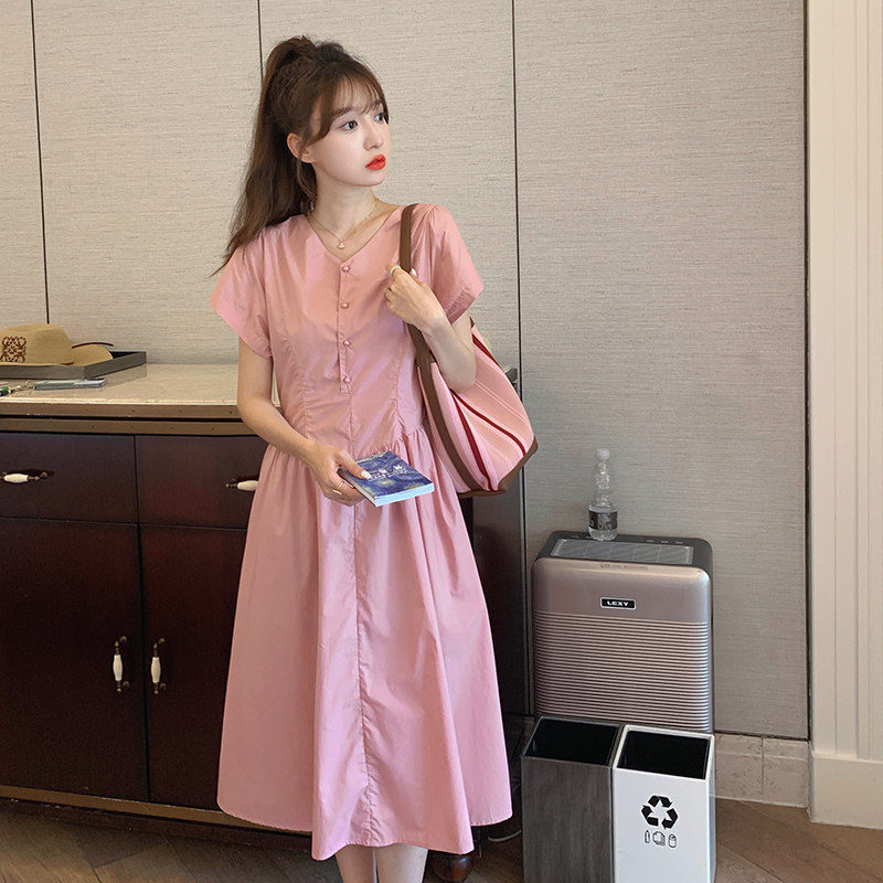 粉色衬衫裙女2024夏季新款宽松遮肚子减龄休闲甜美初恋桔梗连衣裙,女装连衣裙,浙宝273