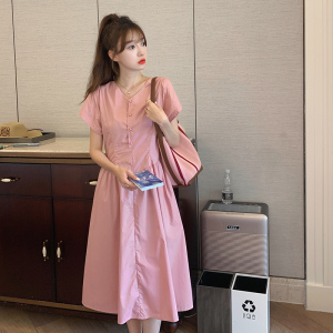 粉色衬衫裙女2024夏季新款宽松遮肚子减龄休闲甜美初恋桔梗连衣裙图片