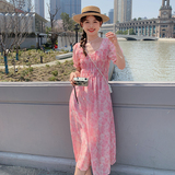 粉色方领泡泡袖碎花连衣裙女2023夏季新款法式温柔风漂亮别致长裙，女装连衣裙，浙宝273