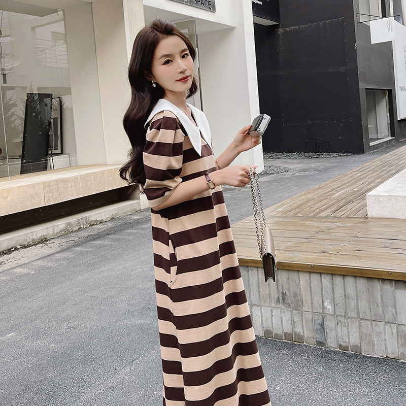 韩版娃娃领条纹连衣裙女夏季2025年新款设计感休闲宽松开叉长裙子,女装连衣裙,浙宝273