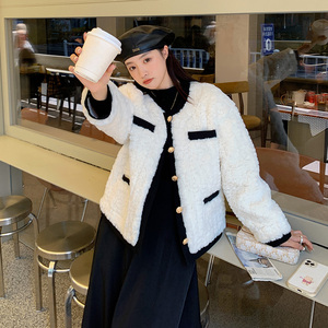 小香风羊羔毛外套女2023秋冬新款气质高级感小个子加厚羊羔绒棉服图片