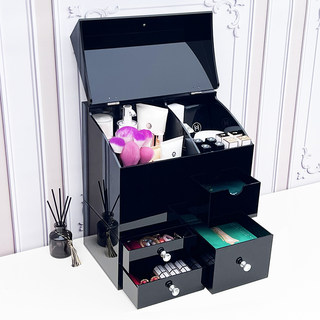 黑色轻奢桌面亚克力化妆品收纳盒家用大容量一体式防尘抽屉带盖
