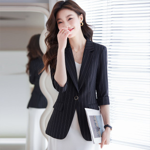 黑色条纹职业小西装外套女春夏2023新款韩版修身西服连衣裙