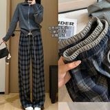 复古毛呢格子直筒休闲裤女2025秋冬季新款慵懒风加厚阔腿裤子潮