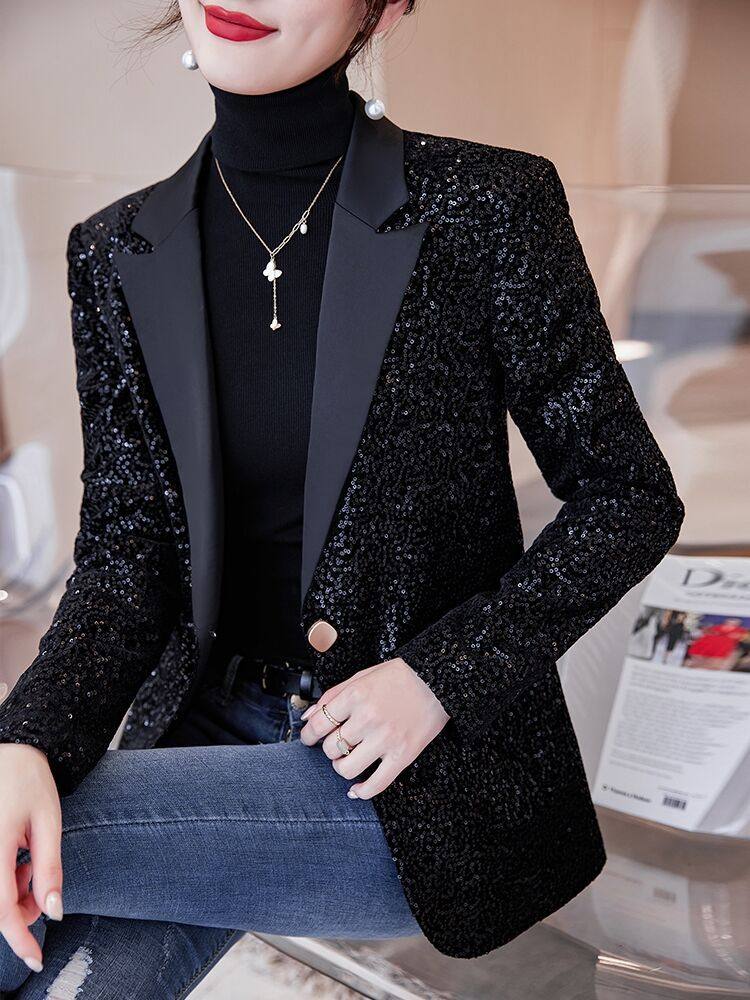 黑色西装时尚气质外套女春秋高级感炸街网红亮片设计感高端小西服