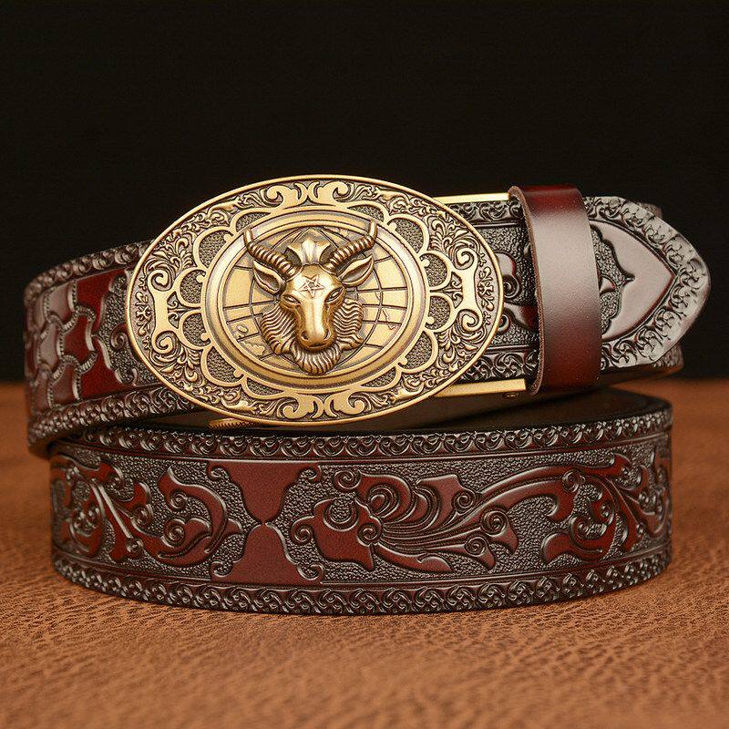 个性唐草纹牛皮时尚牛仔裤带男休闲皮带羊生肖自动扣男士腰带