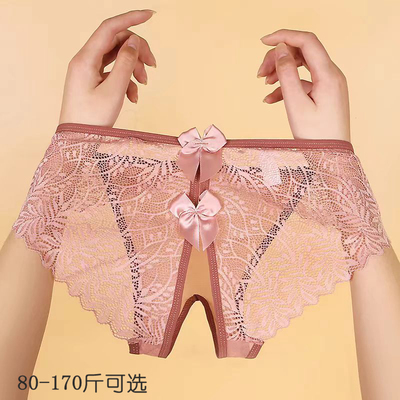 情调免脱开裆内裤女性感火辣大码镂空透明超薄插款蕾丝丁字t裤