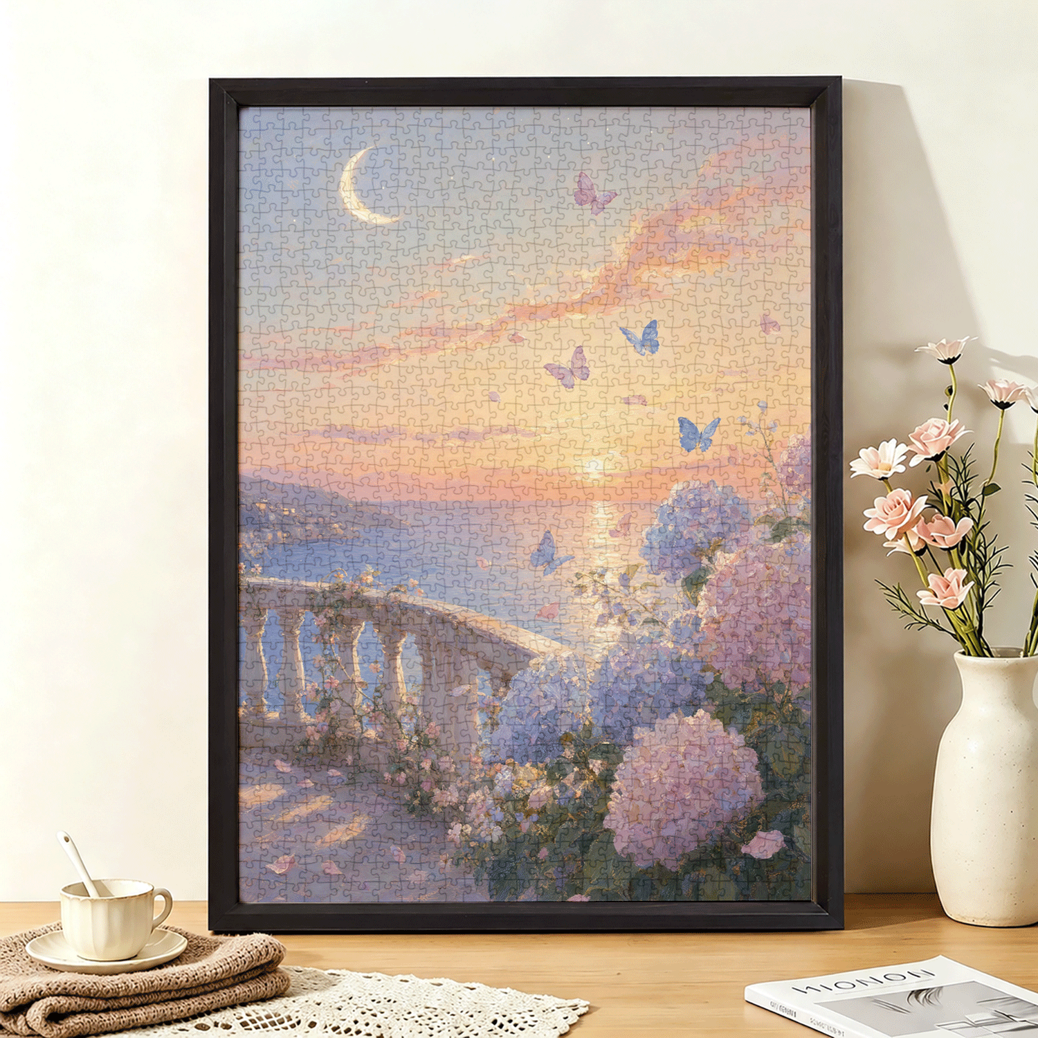 梦幻海边绣球蝶舞成人拼图1000片蓝卡带相框装饰画风景解压治愈系