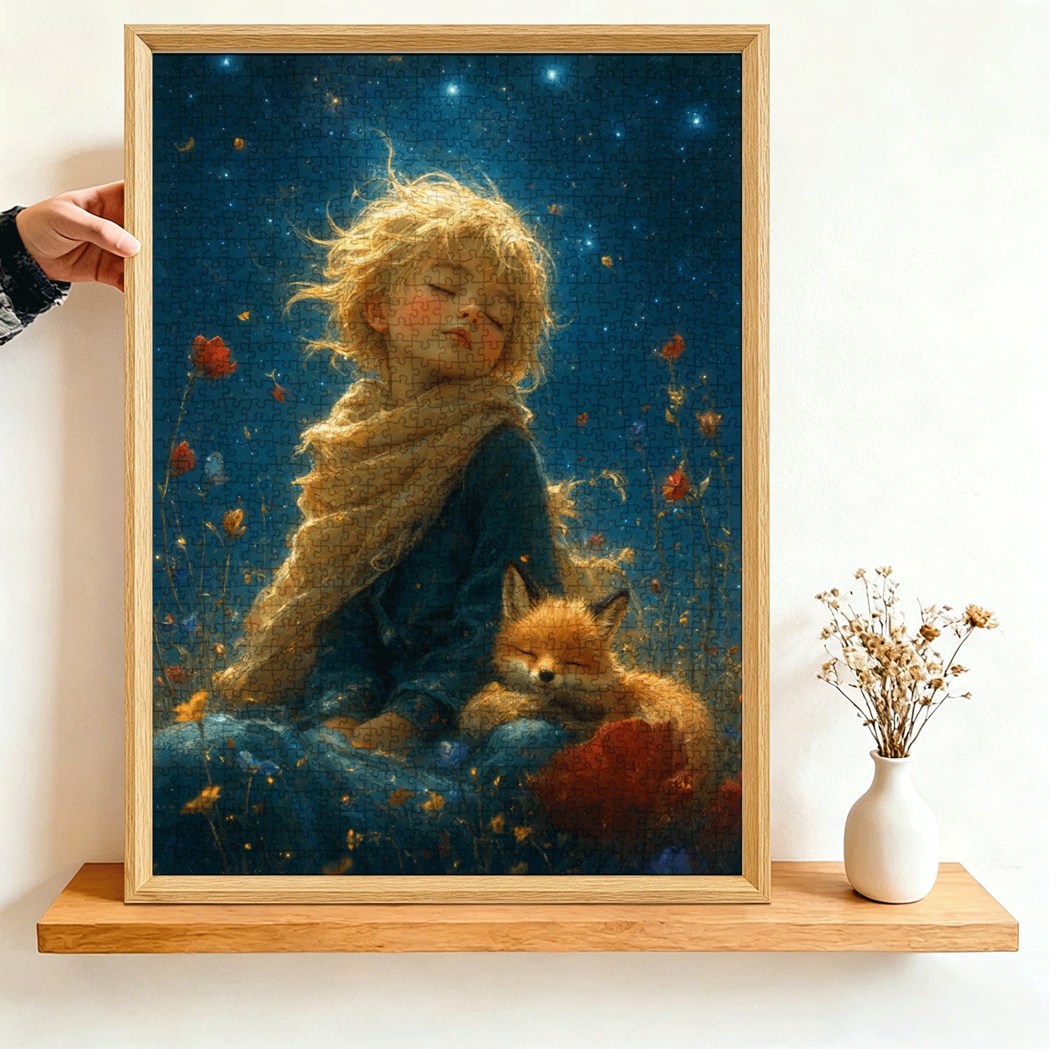 星空花田童狐静眠大型1000片蓝卡拼图带相框高难度成人减压装饰画