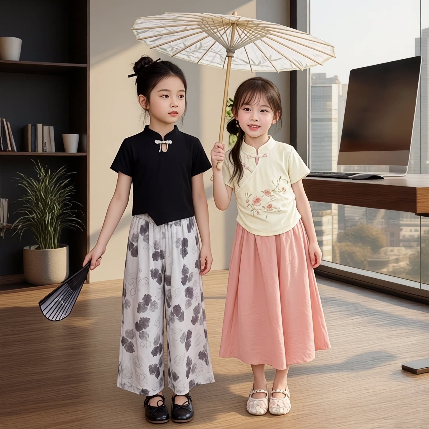 棉质女童夏季古风汉服阔腿裤两件图片