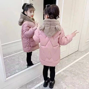儿童中长款羽绒棉服过膝女童大童中学生连帽外套加绒加厚保暖棉袄