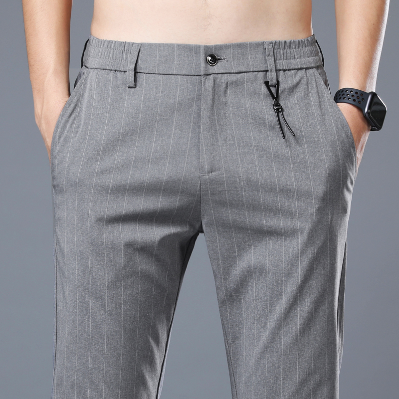 春夏季超薄款男裤子竖条纹西裤男士冰丝休闲长裤商务格子修身小脚