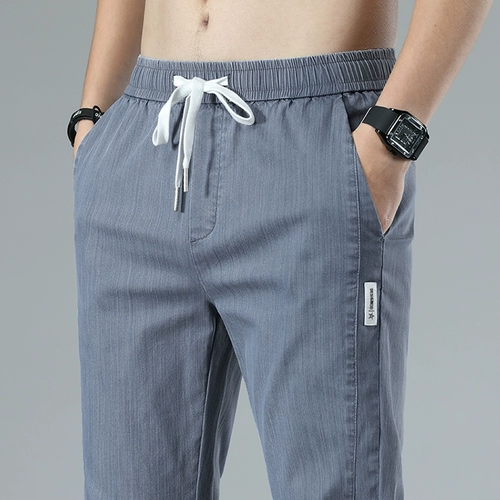 Летние тонкие шелковые джинсы, повседневные брюки, штаны, свободный крой, эластичная талия