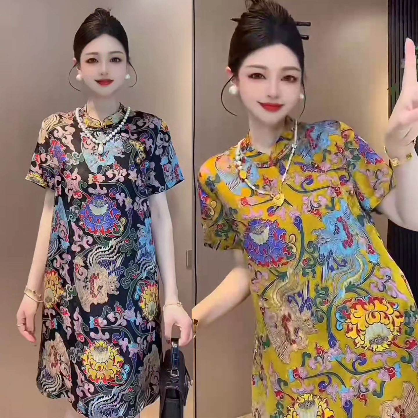 大码新中式国风连衣裙女春夏秋季缎面提花气质减龄显瘦中长旗袍裙