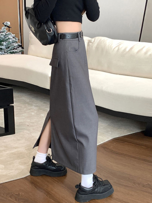 灰色a字半身裙女2023春夏季新款高腰显瘦包臀西装裙中长款一步裙