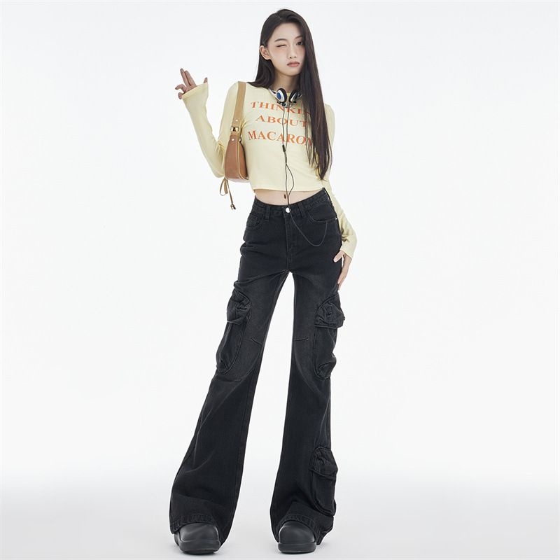 黑灰美式辣妹工装裤女春秋2024新款小个子高腰显瘦直筒牛仔马蹄子