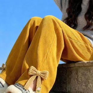 女秋冬宽松灯芯绒休闲长裤 胖mm300斤大码 设计感开叉蝴蝶结阔腿裤