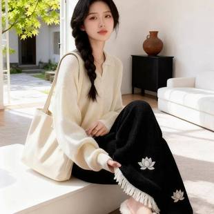 女秋冬宽松设计休闲阔腿裤 胖mm300斤大码 国风刺绣巨好看加绒长裤