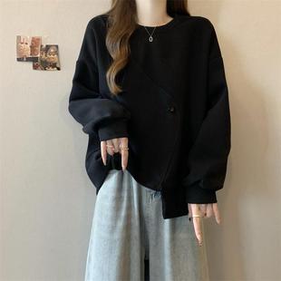 胖mm300斤大码 设计感不规则套头卫衣女秋冬宽松加绒加厚打底上衣